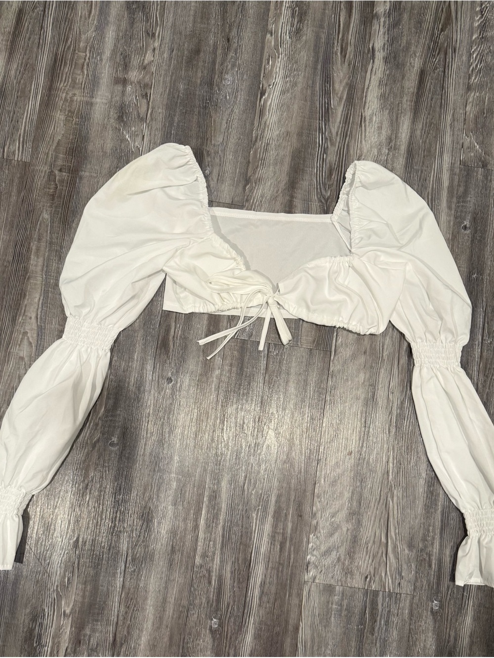 Boho White Puff Sleeve Tie Front Crop Top - Picture 5 of 5